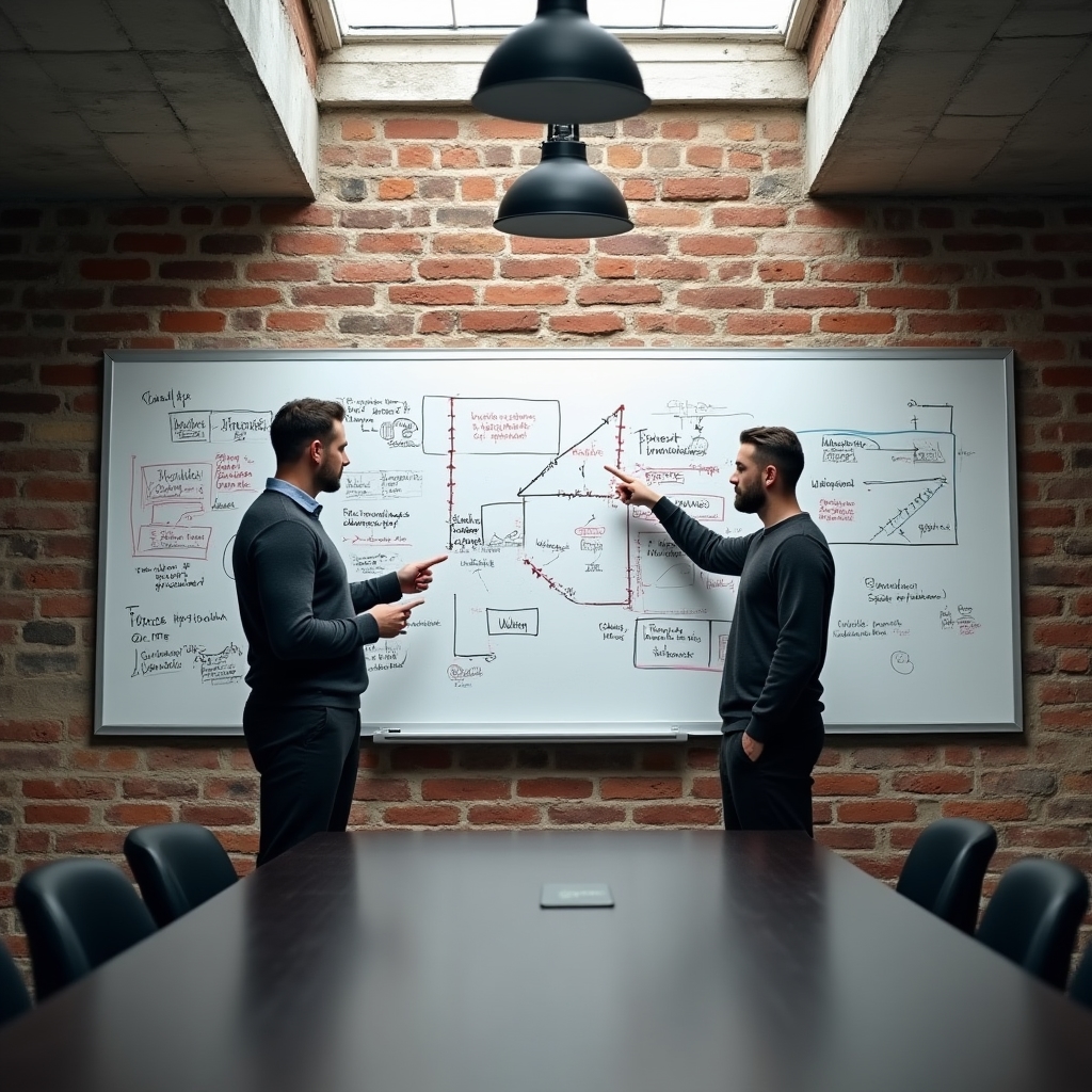 Praca strategiczna przy tablicy w nowoczesnym coworkingu